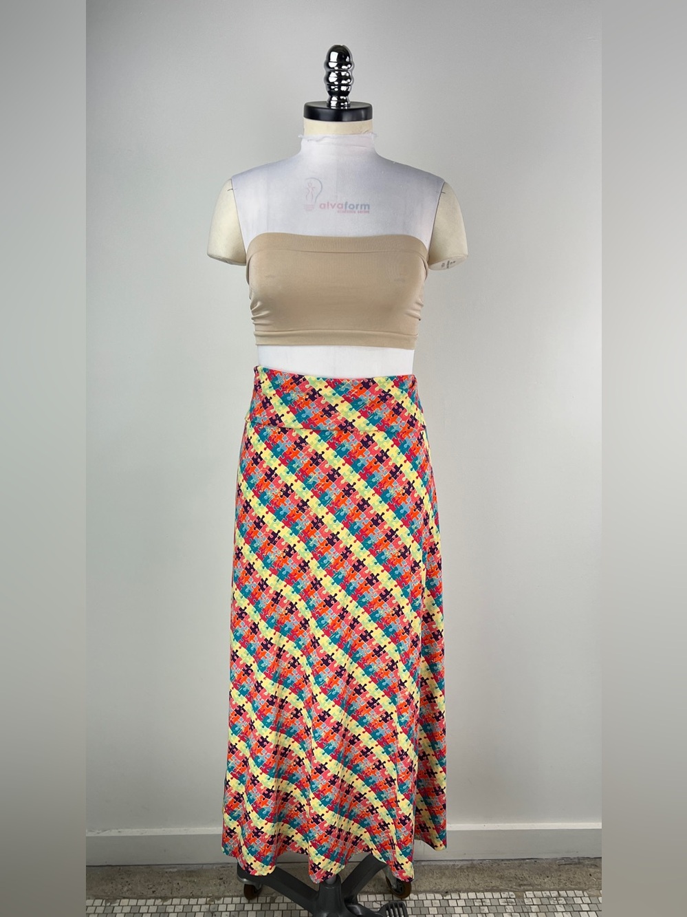 💚 3709. Colorful Puzzle Piece Graphic Maxi Skirt - Multicolor